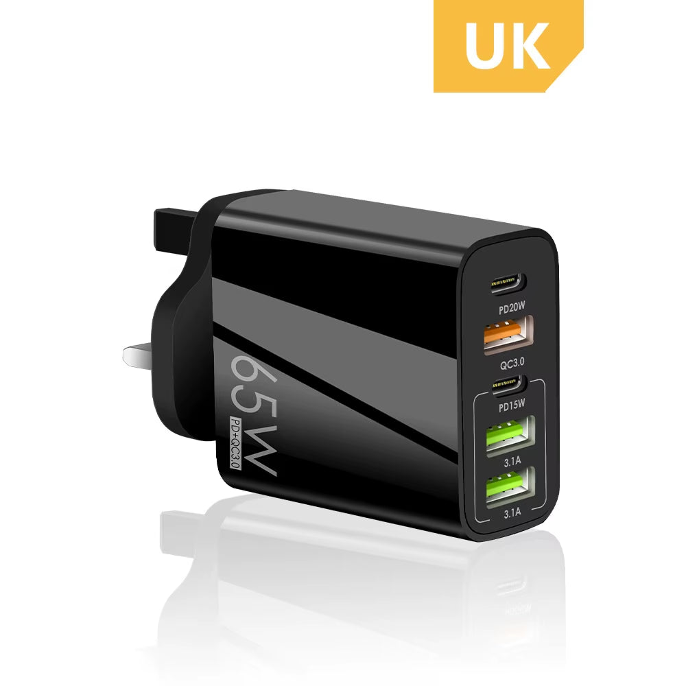 EU/US/UK Plug USB Charger 65W PD Quick Charge 3.0 Phone Adapter for Iphone 14 Pro Max Tablet Portable Wall Mobile Fast Charger