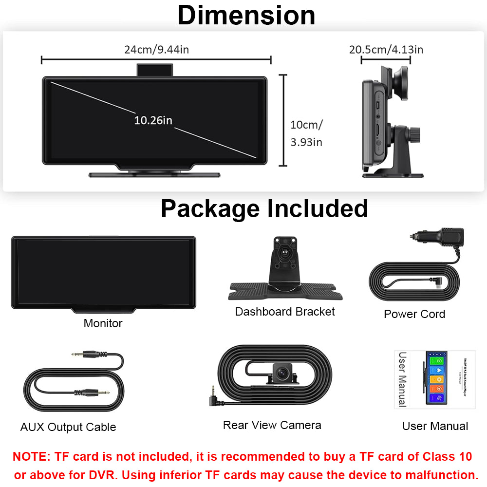 10.26" Front 4K Dash CAM Car Portable Wireless Apple Carplay BT 5.0 Dual Record