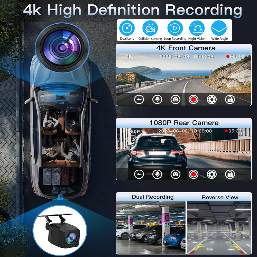 10.26" Front 4K Dash CAM Car Portable Wireless Apple Carplay BT 5.0 Dual Record