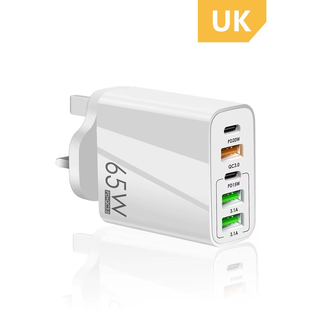 EU/US/UK Plug USB Charger 65W PD Quick Charge 3.0 Phone Adapter for Iphone 14 Pro Max Tablet Portable Wall Mobile Fast Charger