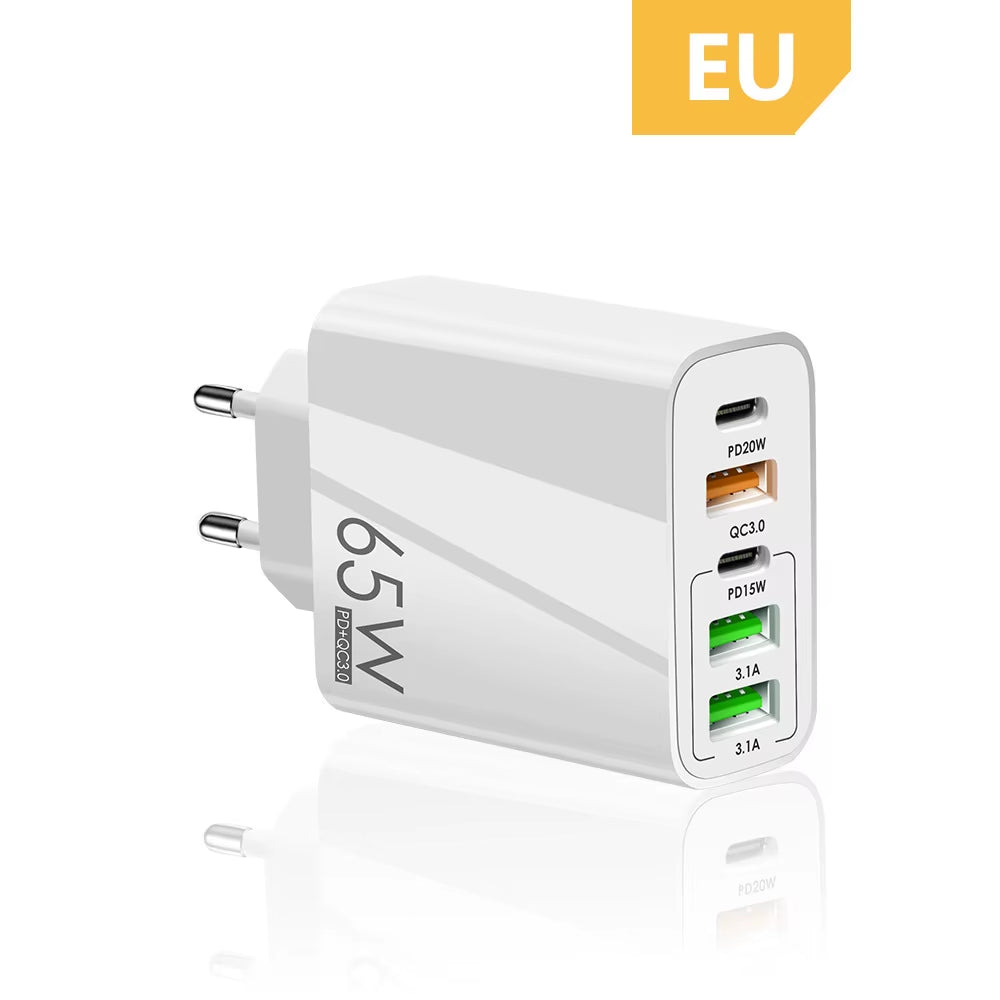 EU/US/UK Plug USB Charger 65W PD Quick Charge 3.0 Phone Adapter for Iphone 14 Pro Max Tablet Portable Wall Mobile Fast Charger