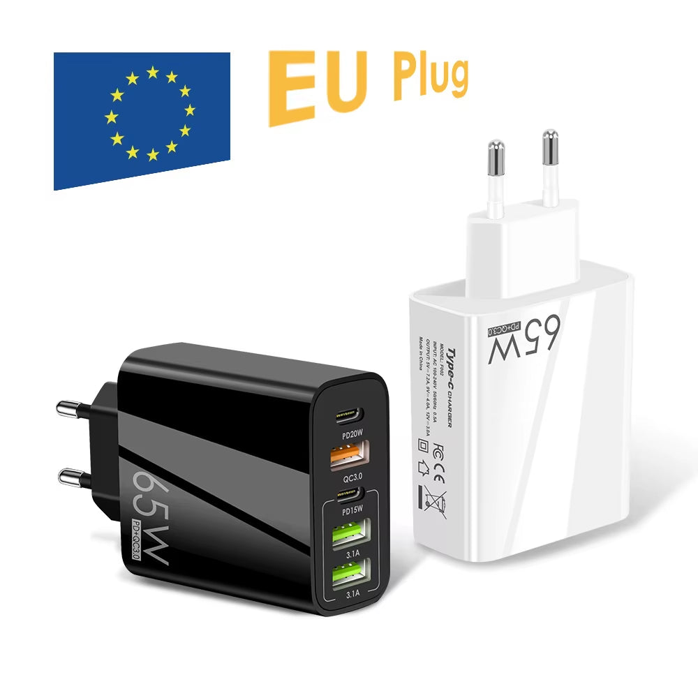 EU/US/UK Plug USB Charger 65W PD Quick Charge 3.0 Phone Adapter for Iphone 14 Pro Max Tablet Portable Wall Mobile Fast Charger