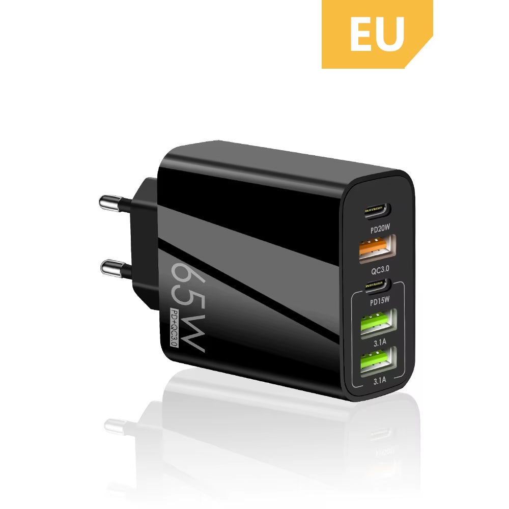 EU/US/UK Plug USB Charger 65W PD Quick Charge 3.0 Phone Adapter for Iphone 14 Pro Max Tablet Portable Wall Mobile Fast Charger